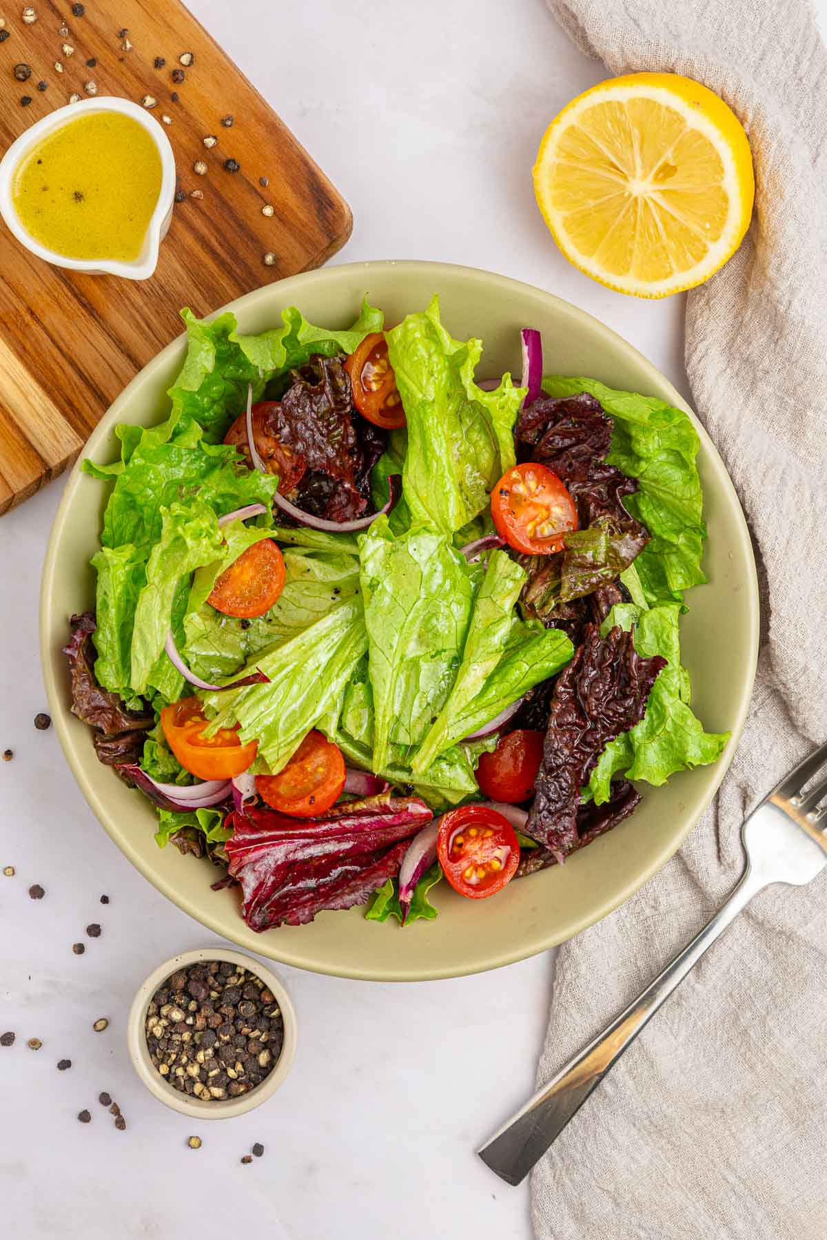 Aerial view of salad with White Balsamic Vinaigrette.