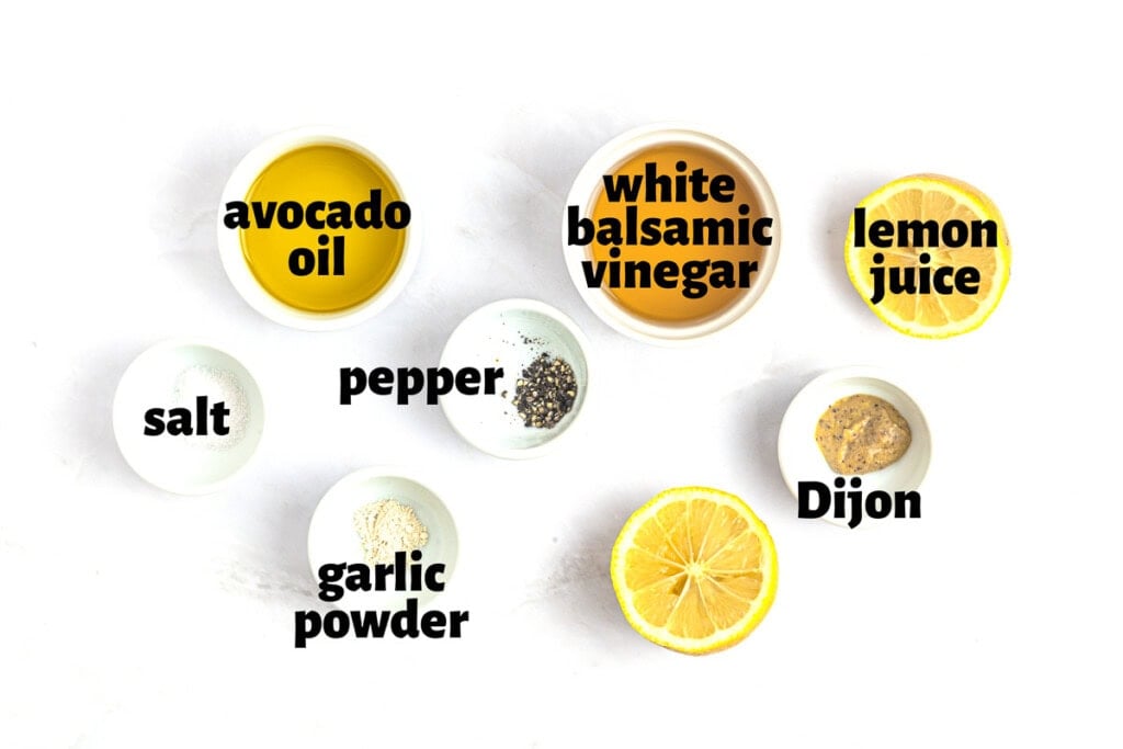 Labeled ingredients to make White Balsamic Vinaigrette recipe.