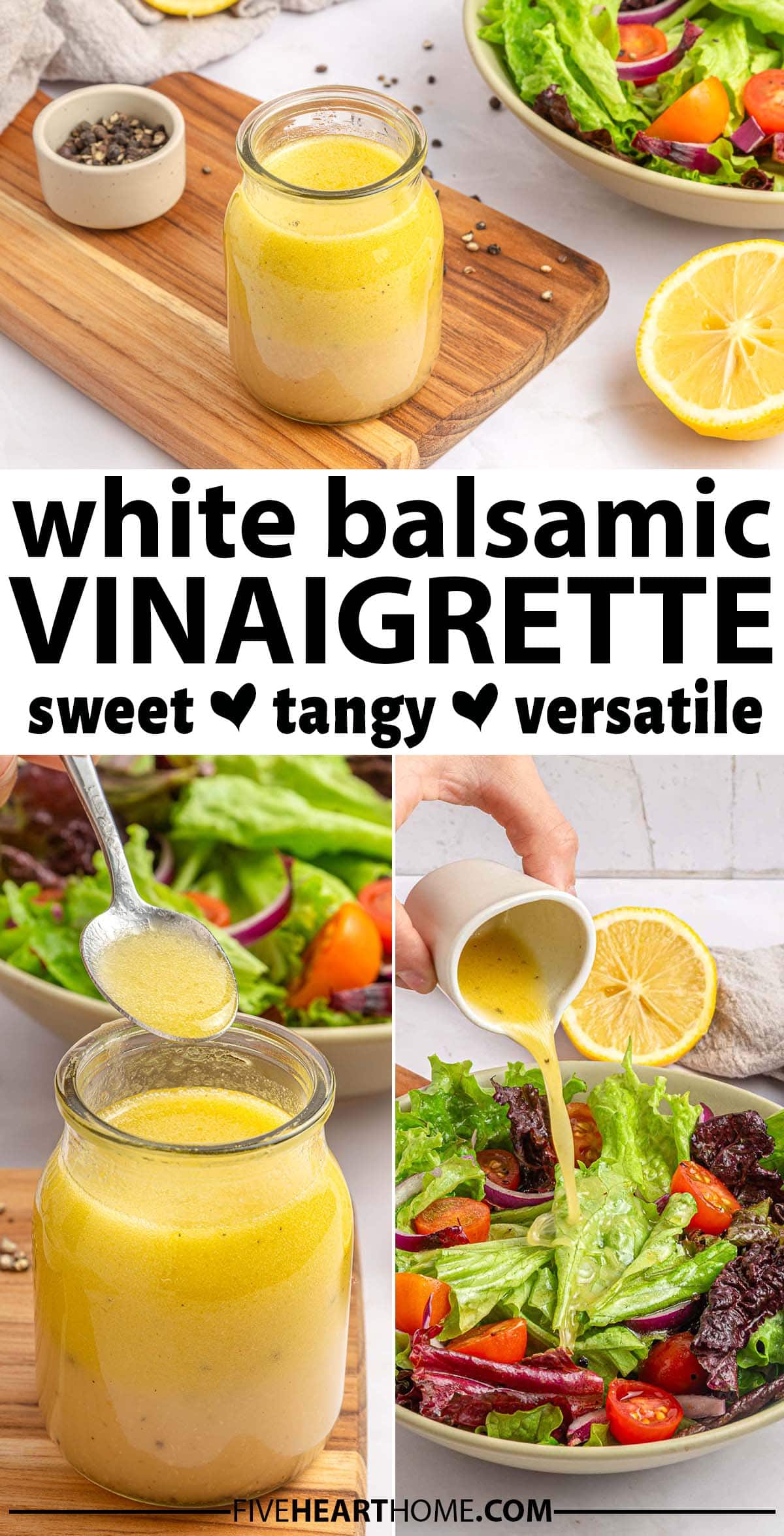 White Balsamic Vinaigrette ~ this sweet and tangy, versatile dressing is quick and easy to make and delicious on a variety of salads and pasta salads! | FiveHeartHome.com via @fivehearthome