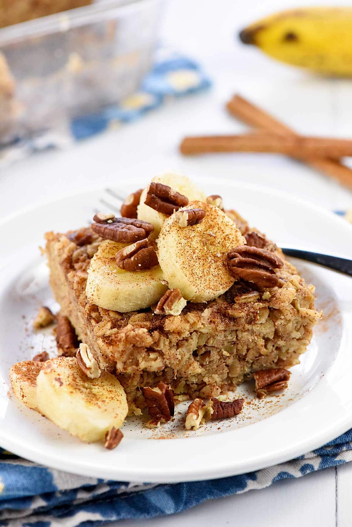 Banana Baked Oatmeal serving on a plate.