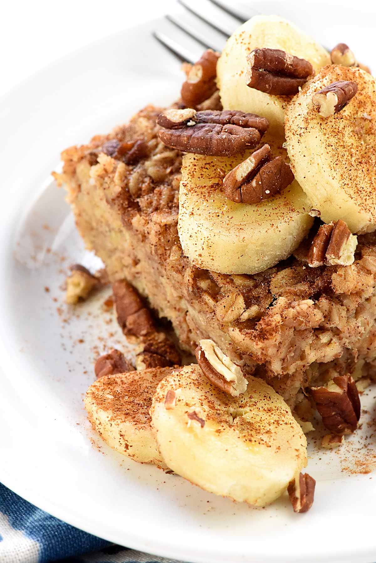 Banana Baked Oatmeal close-up on plate.