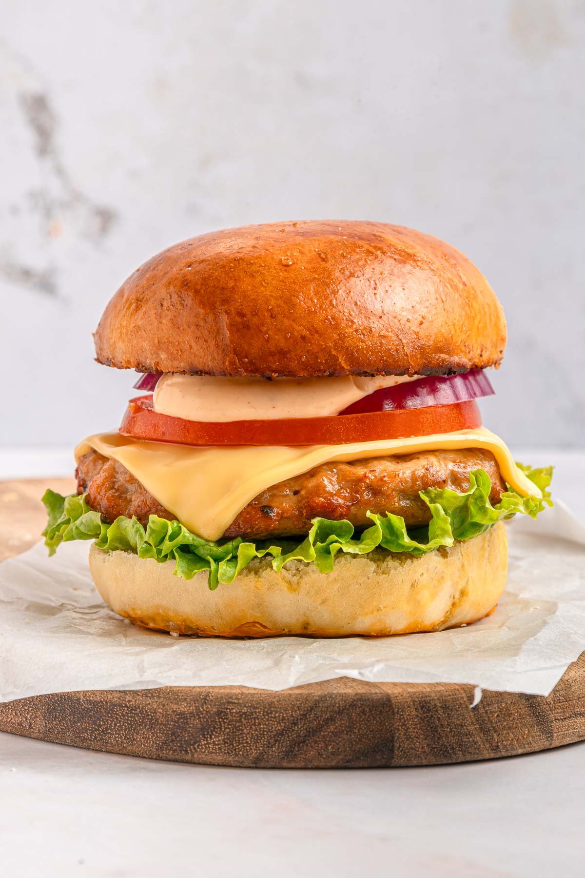 Chicken Burger Recipe on parchment paper.