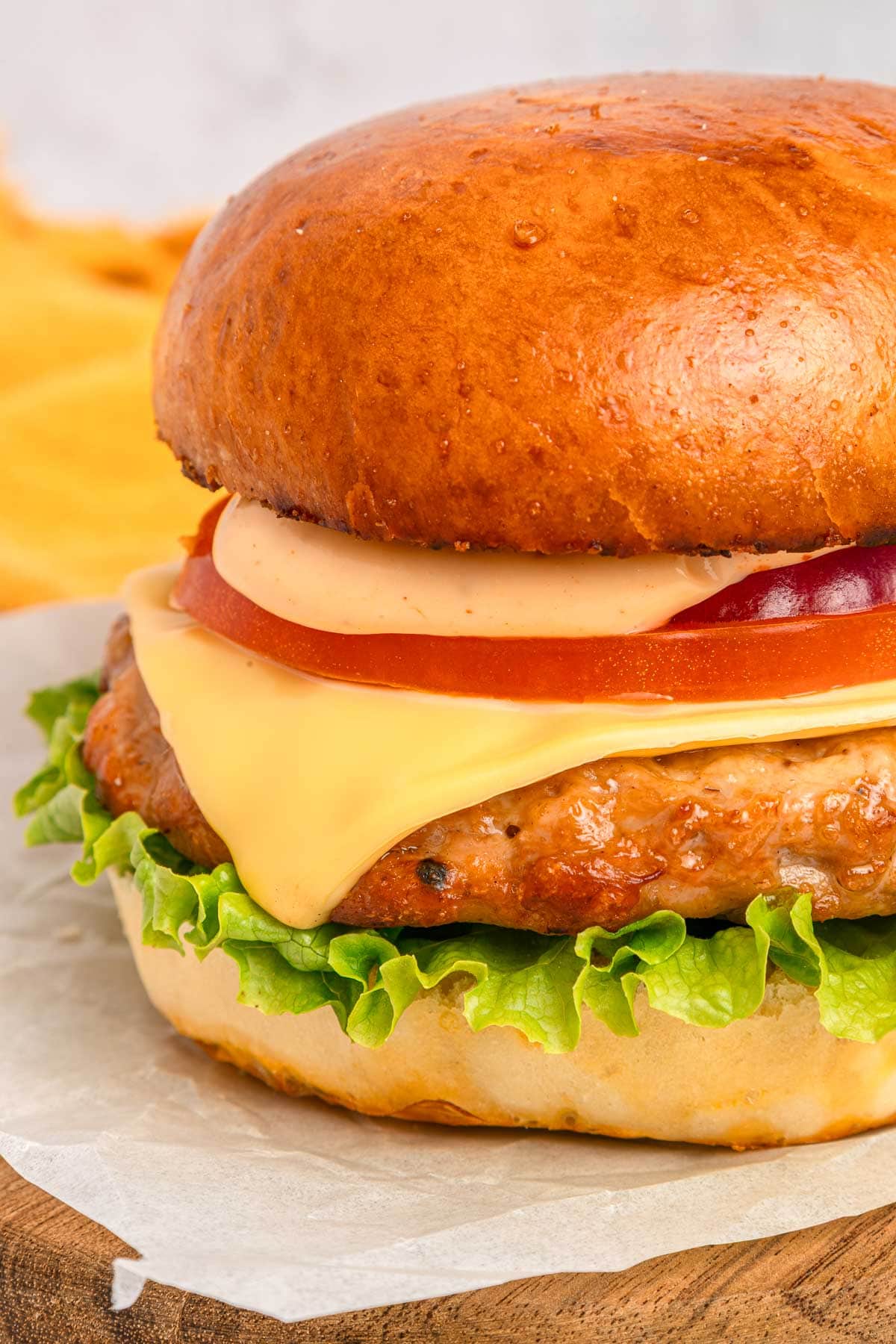 Chicken Burger with cheese close-up.