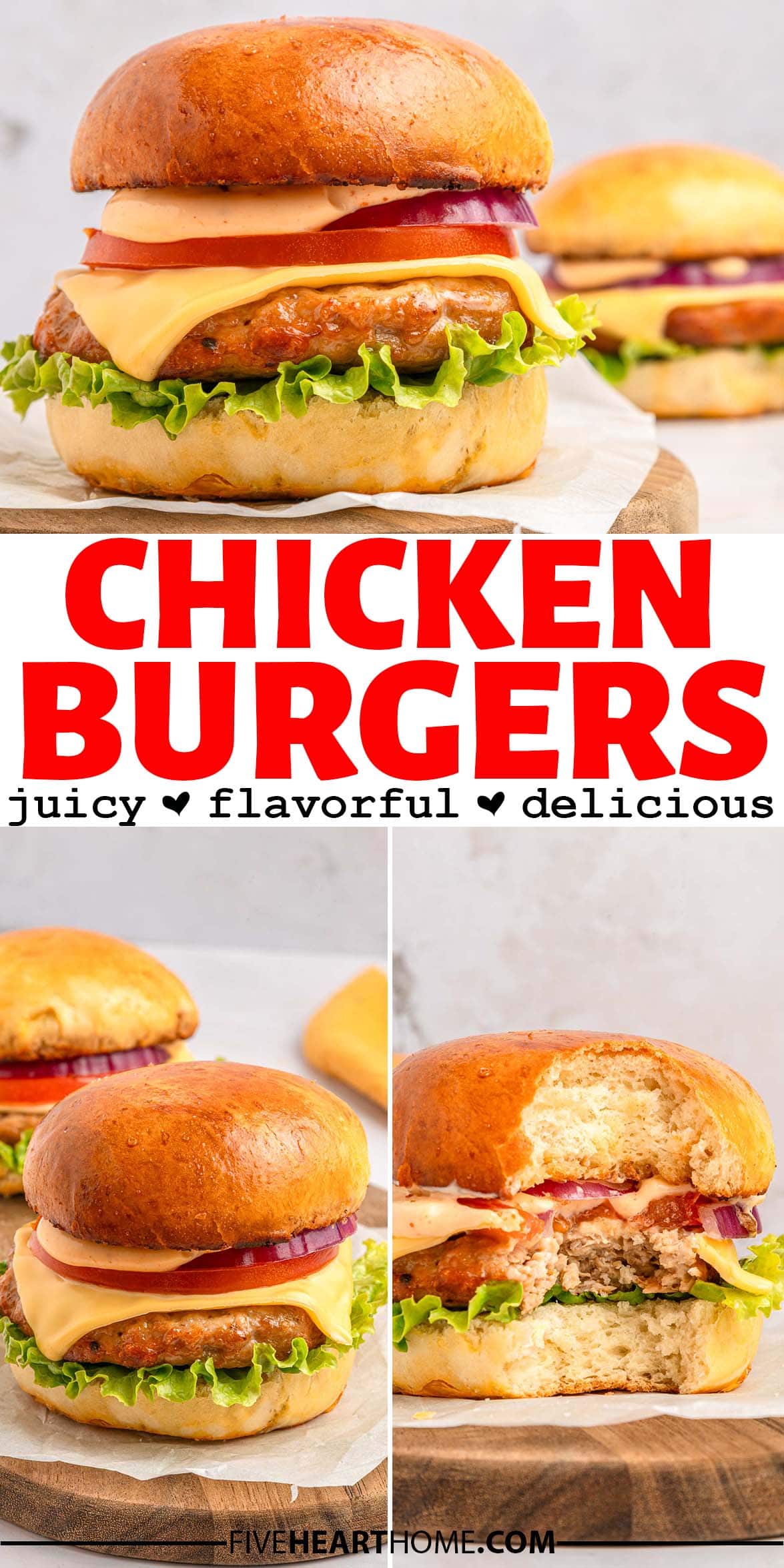 Chicken Burgers ~ moist, juicy, and loaded with flavor, plus this chicken burger recipe is quick and easy to make in the oven! | FiveHeartHome.com via @fivehearthome