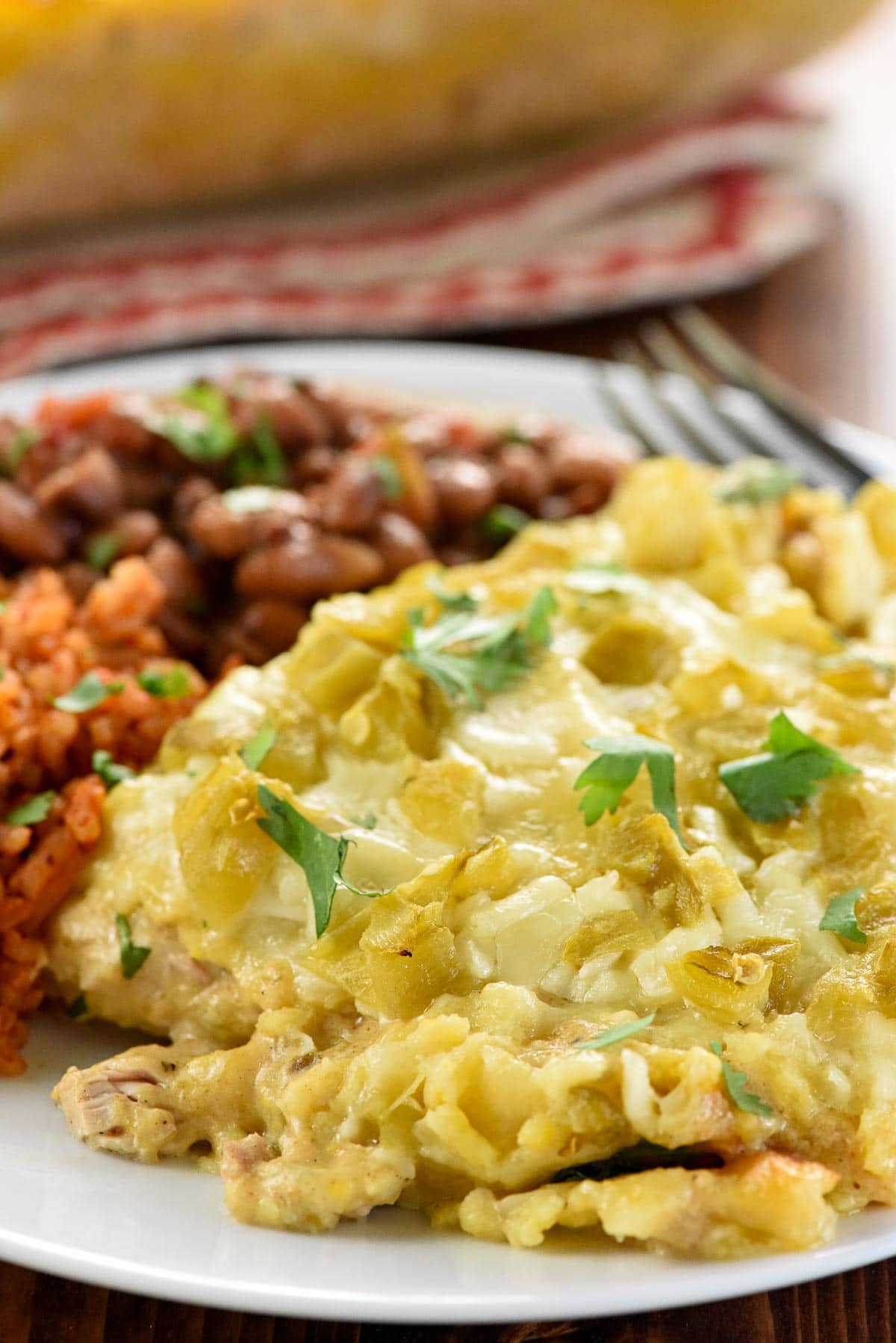 Chicken Enchilada Casserole with beans and rice.