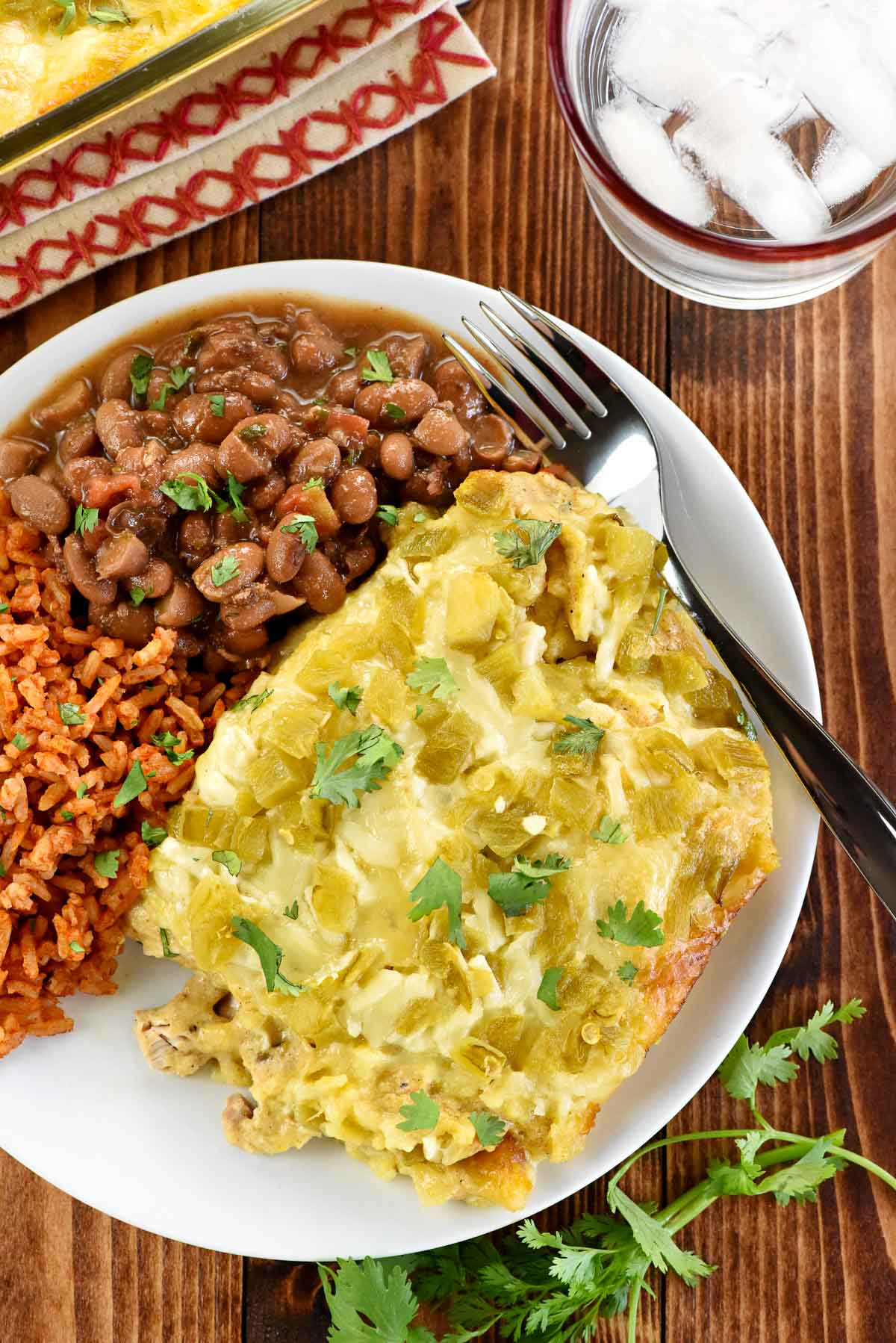 Chicken Enchilada Casserole aerial view on plate.