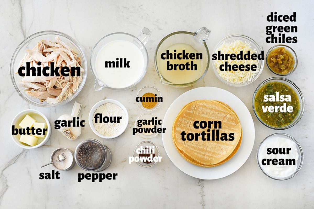 Labeled ingredients to make Chicken Enchilada Casserole.