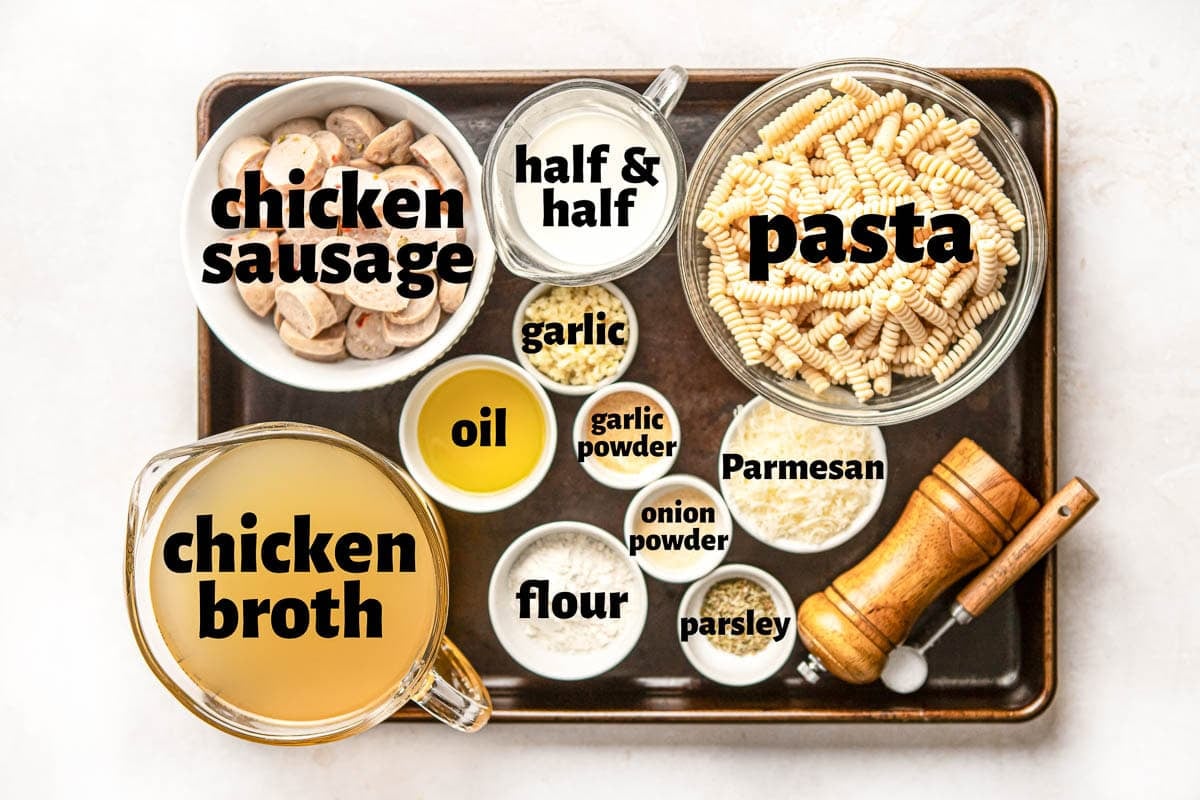Labeled ingredients to make Chicken Sausage Pasta recipes.