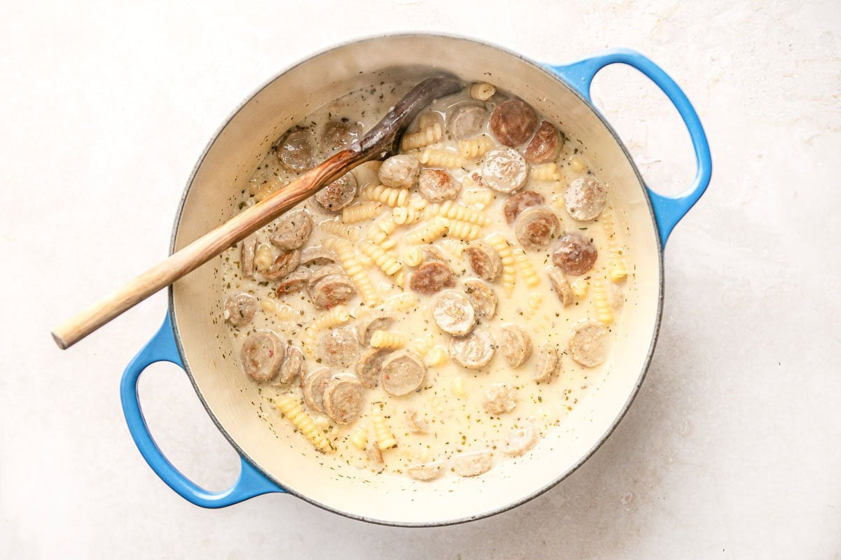 Simmering Chicken Sausage Pasta in pot.