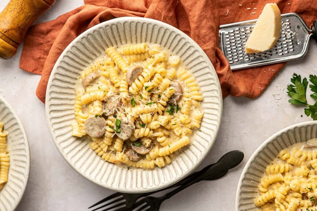 Chicken Sausage Pasta aerial view on plate.