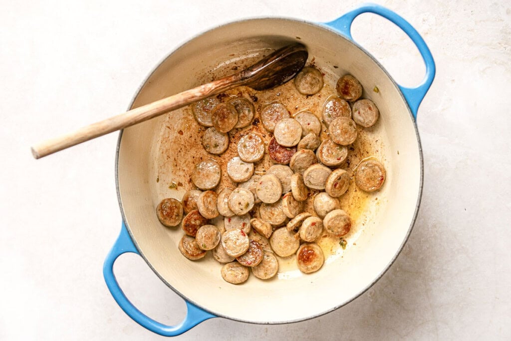 Sausage browned for chicken sausage recipe.