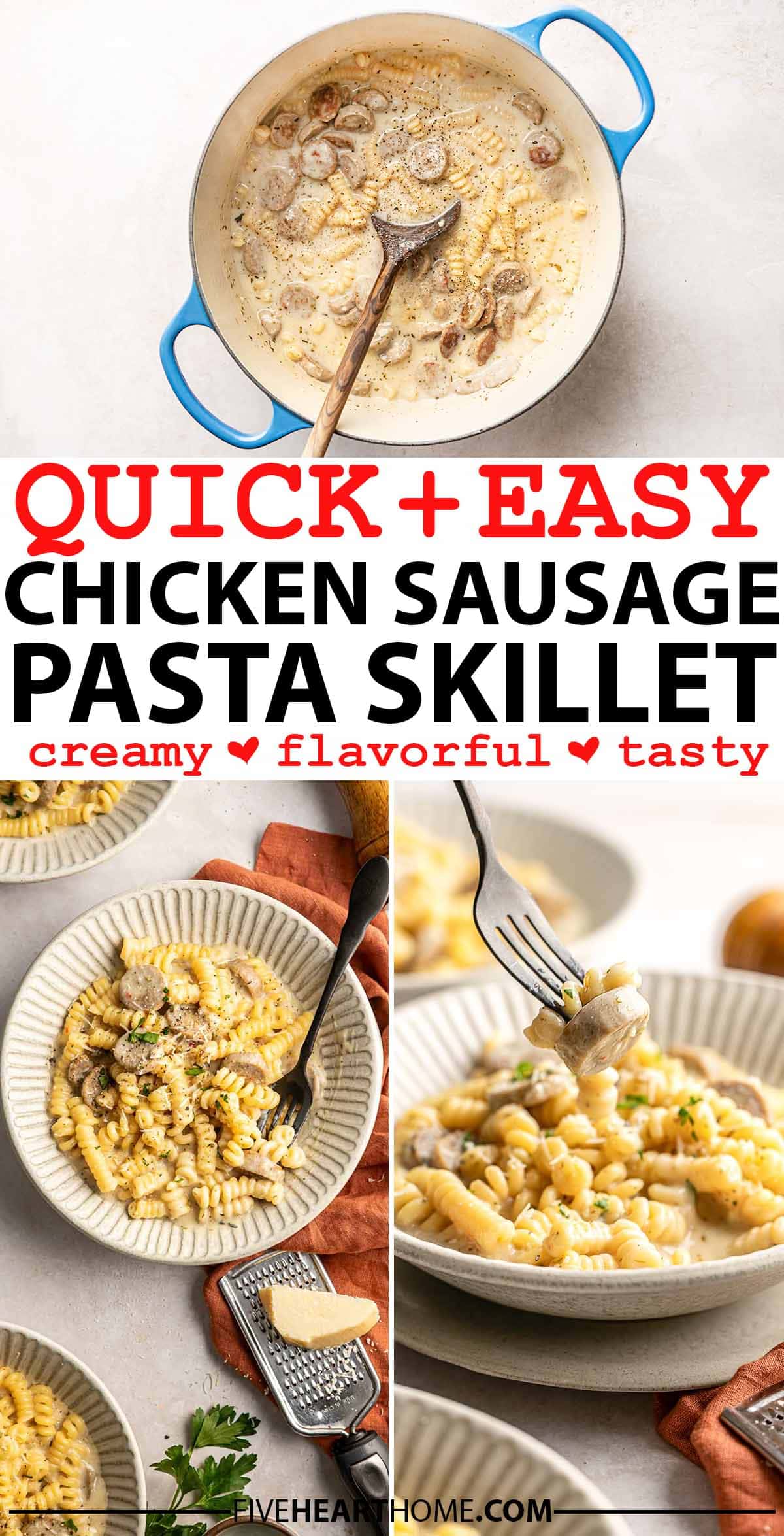 Chicken Sausage Pasta ~ this one-pot, 30-minute dinner can be customized using your favorite flavor of chicken sausage and any optional veggies you wish to add in! | FiveHeartHome.com via @fivehearthome