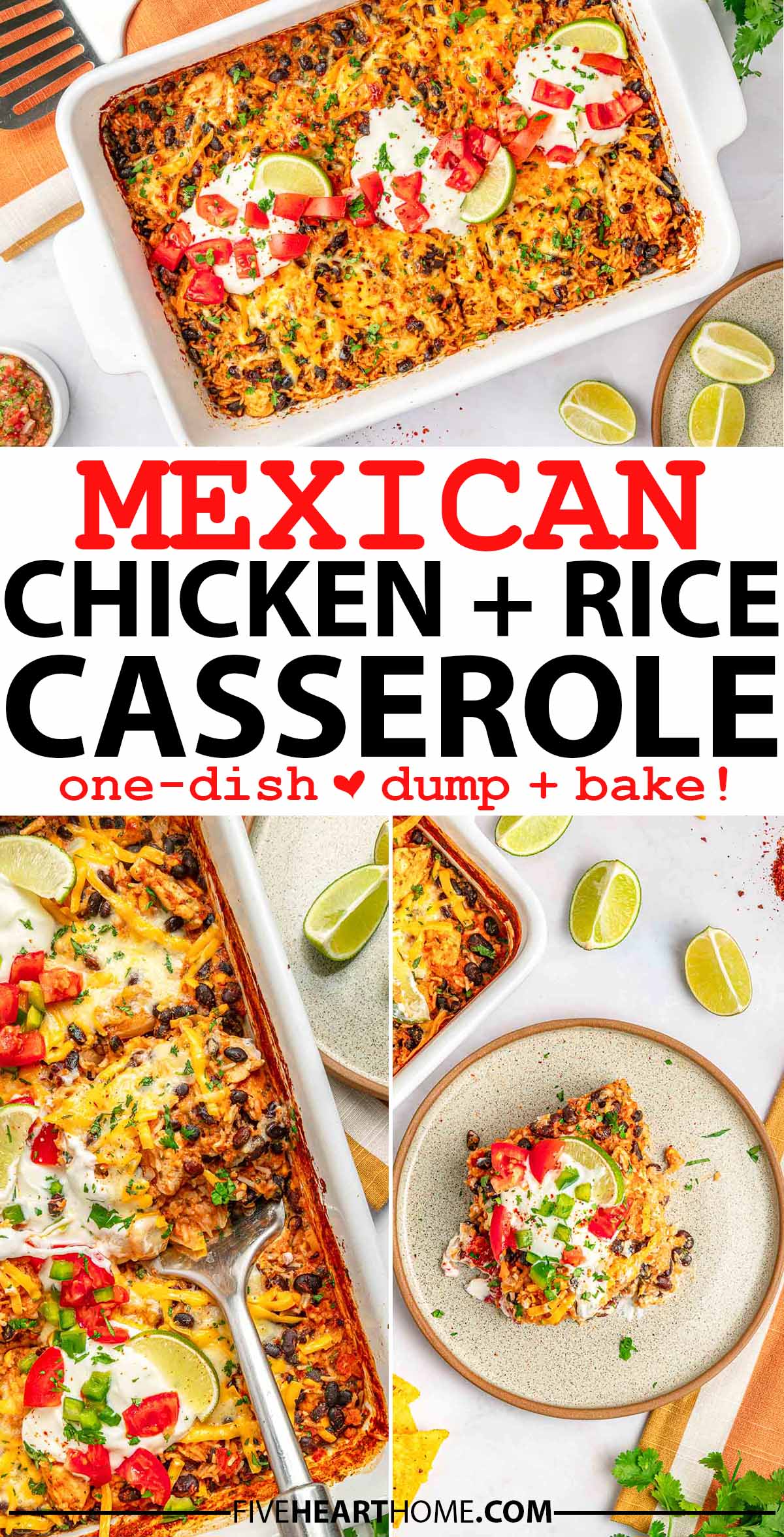 Mexican Chicken and Rice Casserole ~ this easy, one-dish, dump-and-bake recipe is loaded with chicken, black beans, rice, and cheese cooked in a creamy, taco-seasoned sauce! | FiveHeartHome.com via @fivehearthome