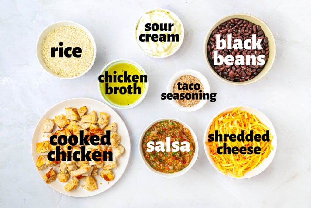Labeled ingredients to make Mexican Chicken and Rice Casserole.