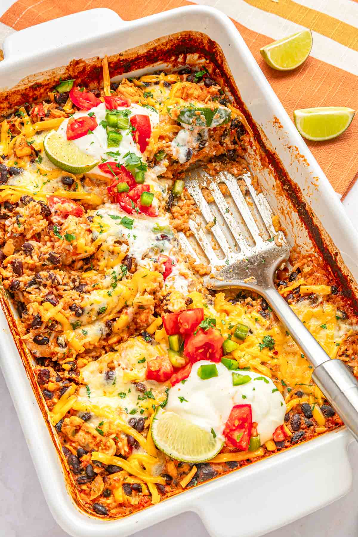 Mexican Chicken and Rice Casserole with serving missing from dish.