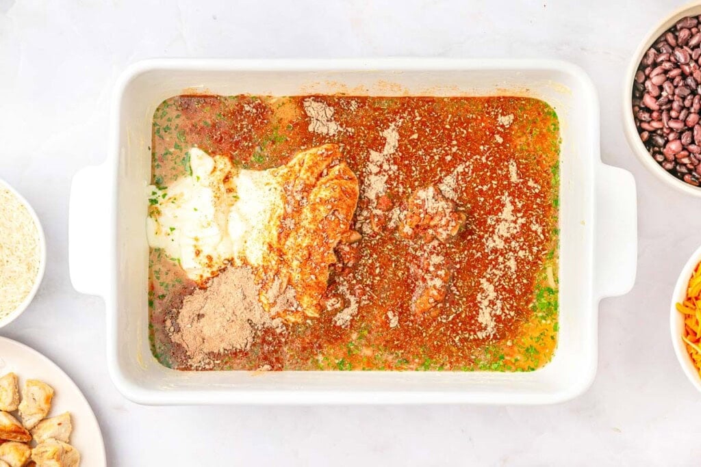 Sauce ingredients in baking dish.