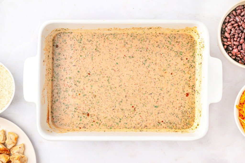Sauce whisked in baking dish.
