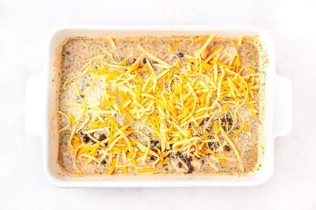 Mexican Chicken and Rice Casserole ingredients in baking dish.