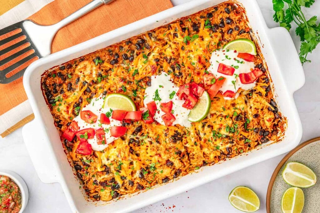 Mexican Chicken and Rice Casserole garnished in baking dish.