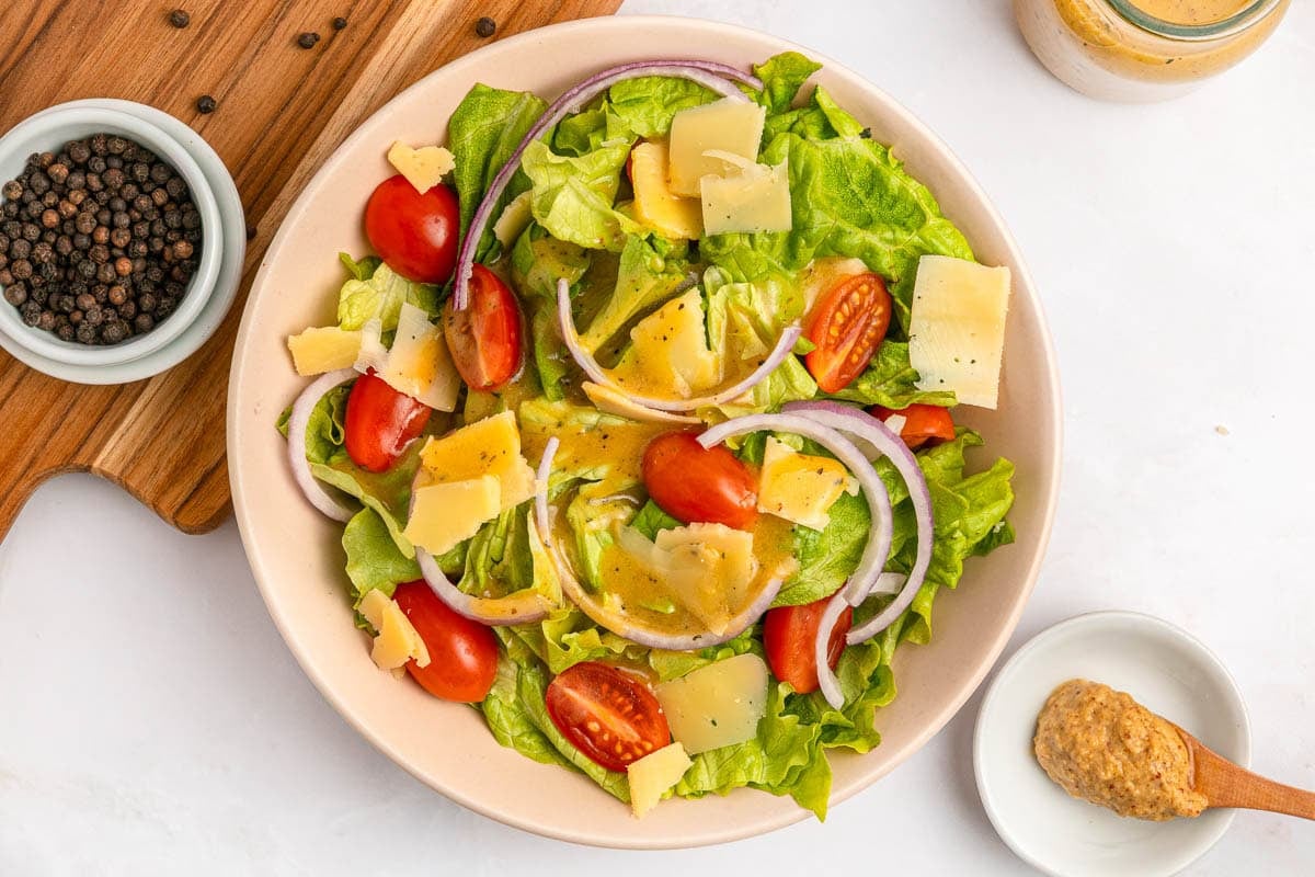 Red Wine Vinaigrette aerial on salad.