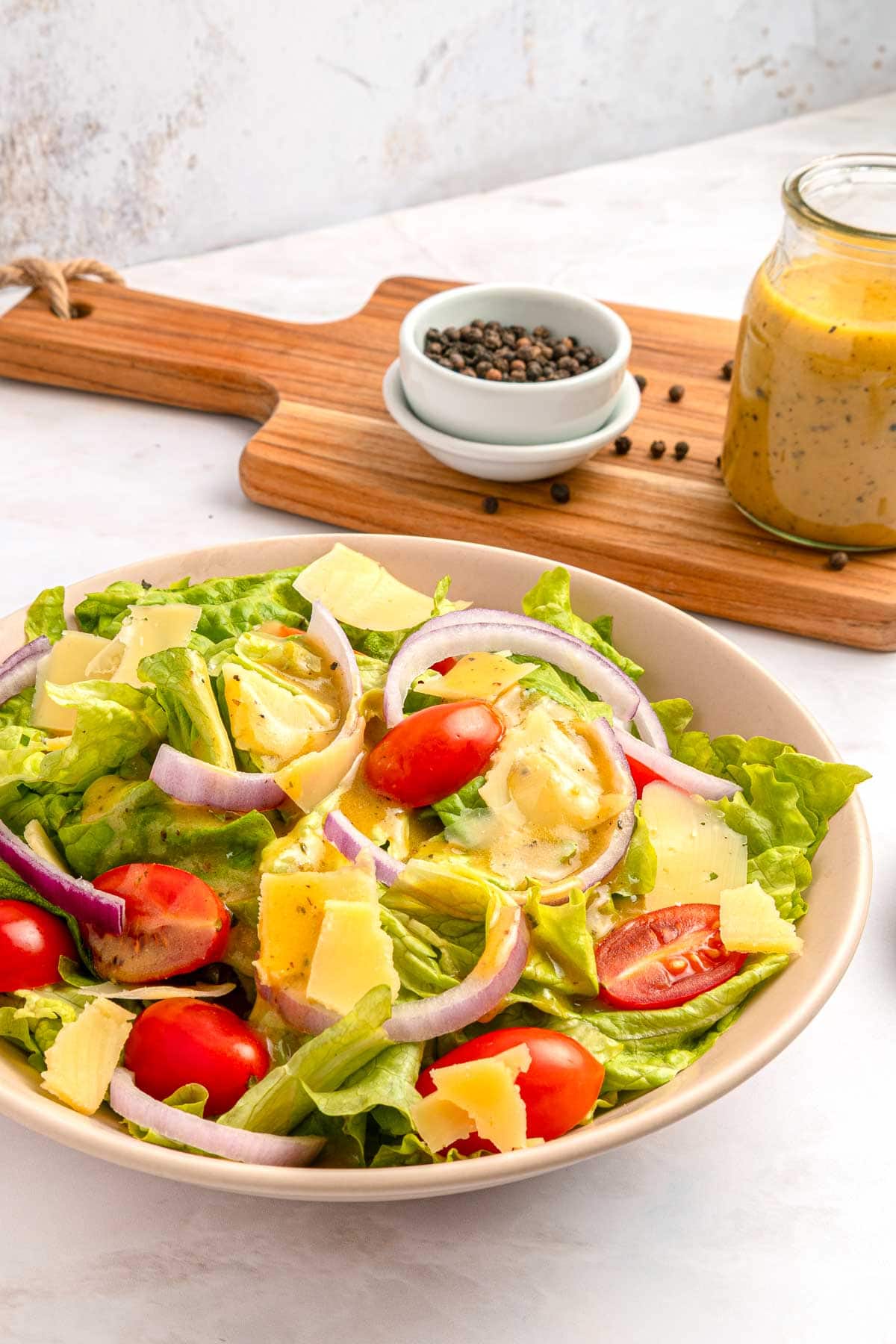 Red Wine Vinaigrette on salad and in jar.