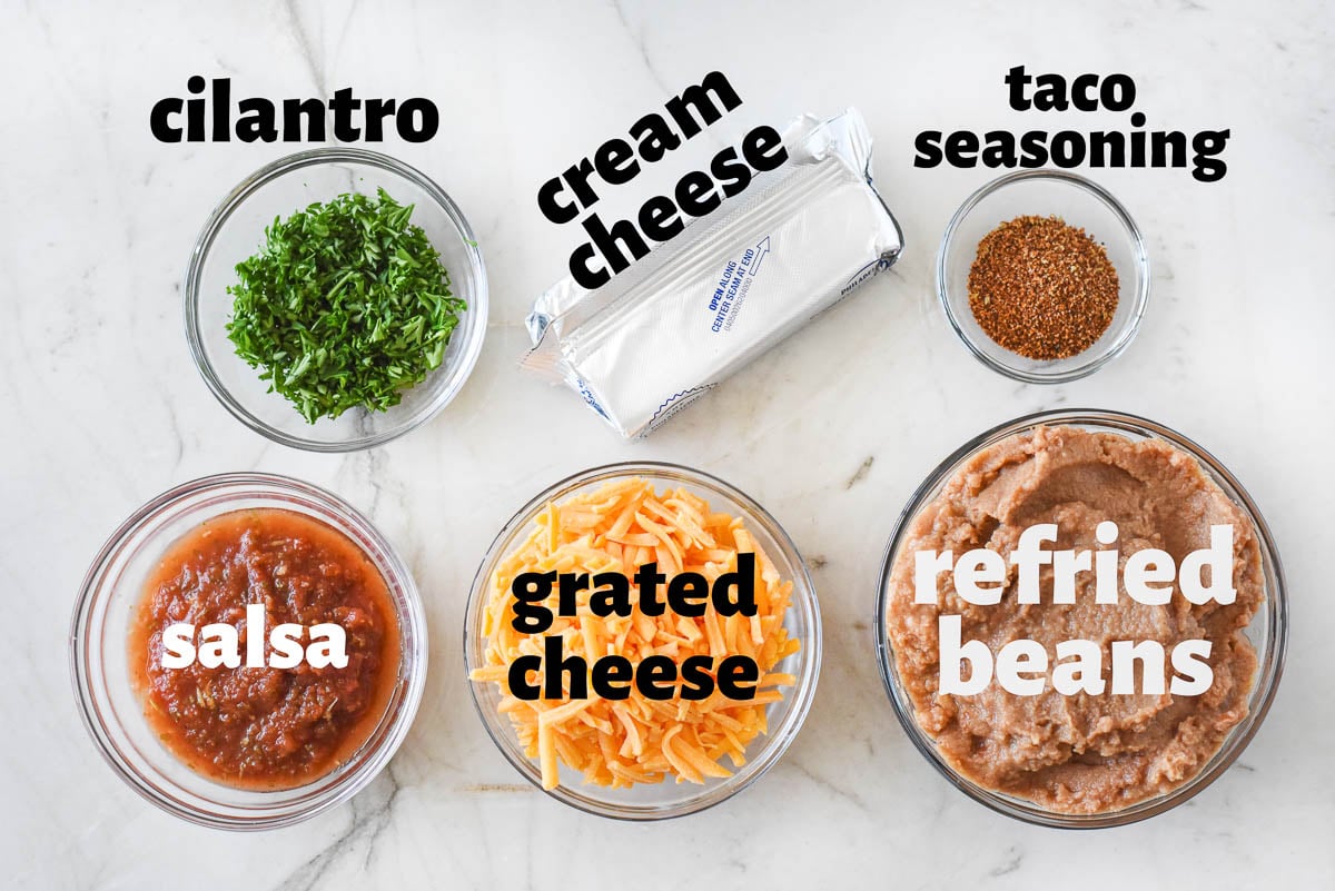 Labeled ingredients to make Bean Dip recipe.