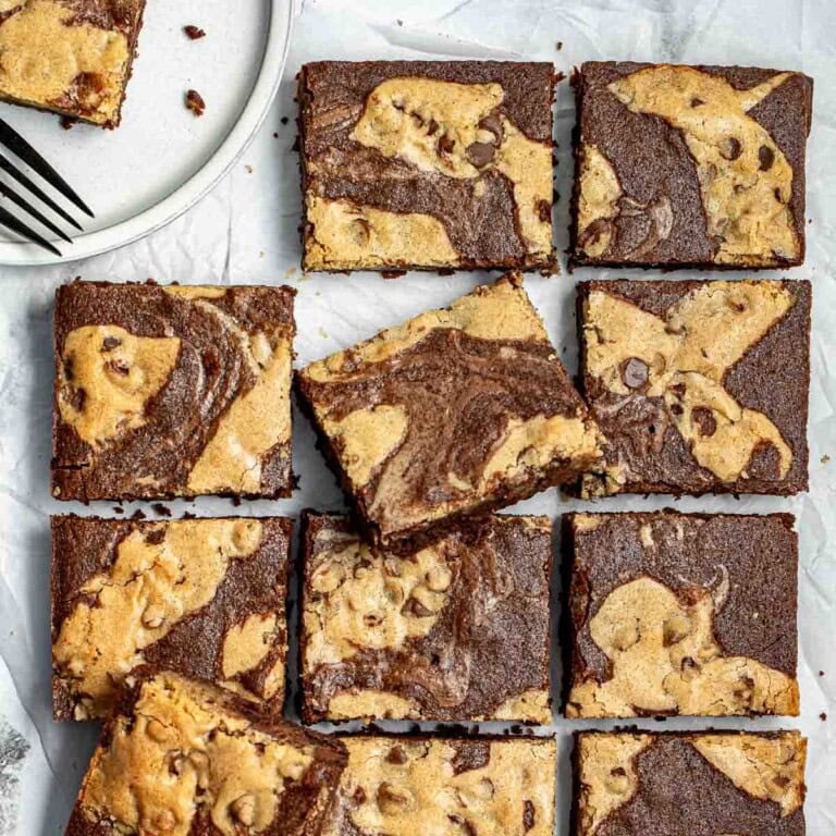 Brookie Recipe bars on table and on plate.