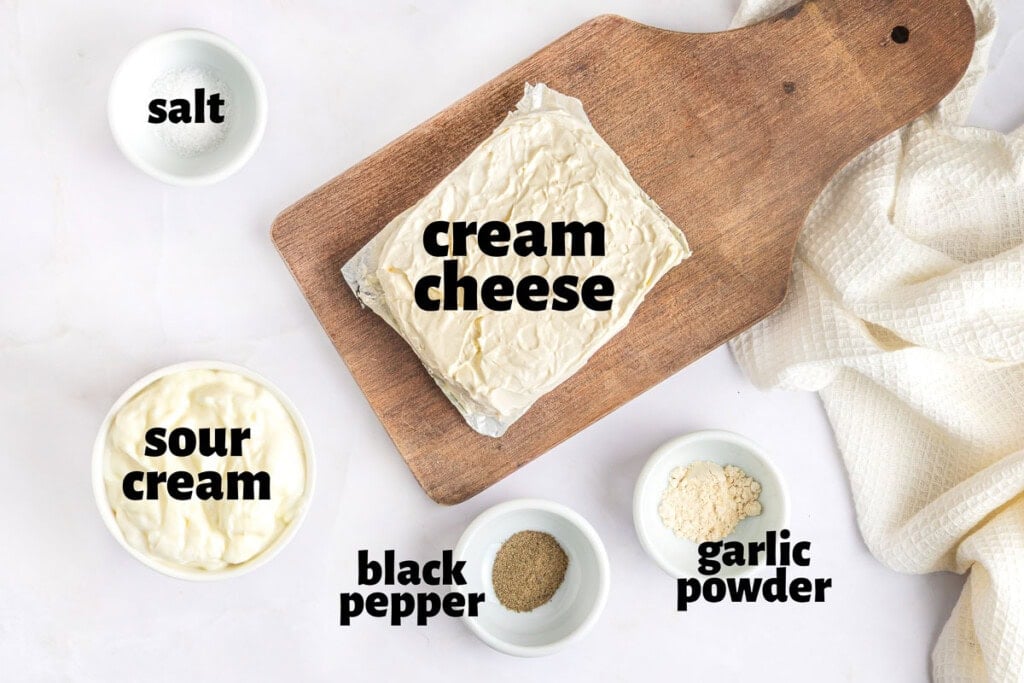 Labeled ingredients to make Cream Cheese Dip.