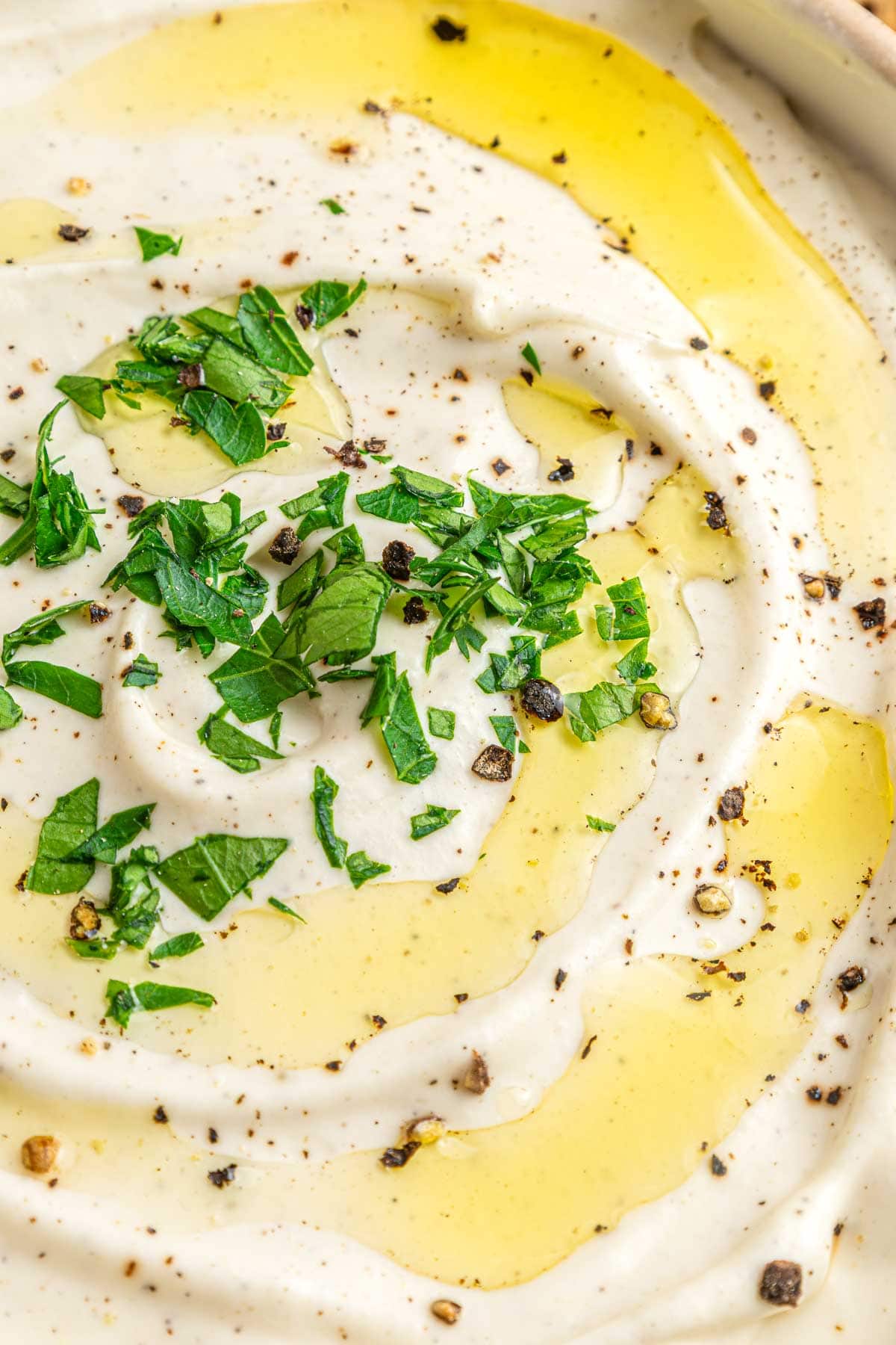 Cream Cheese Dip zoom with garnishes.