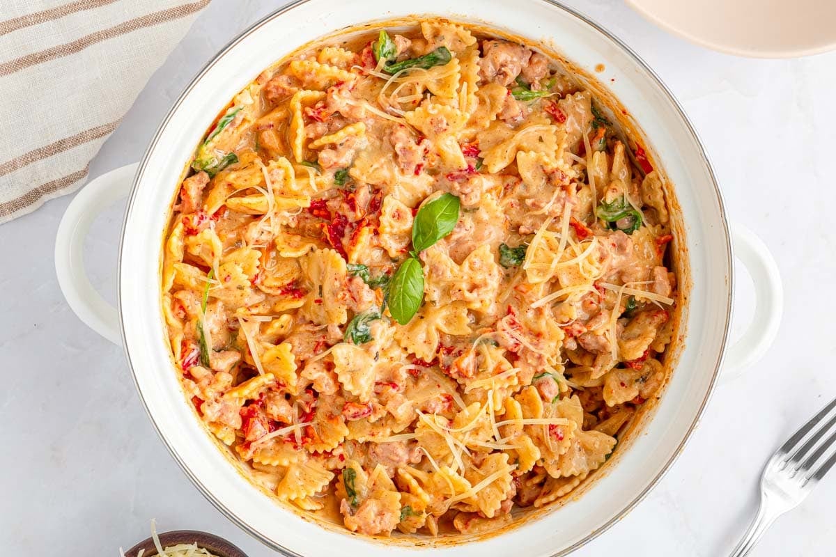 Creamy Sausage Pasta finished in pot.