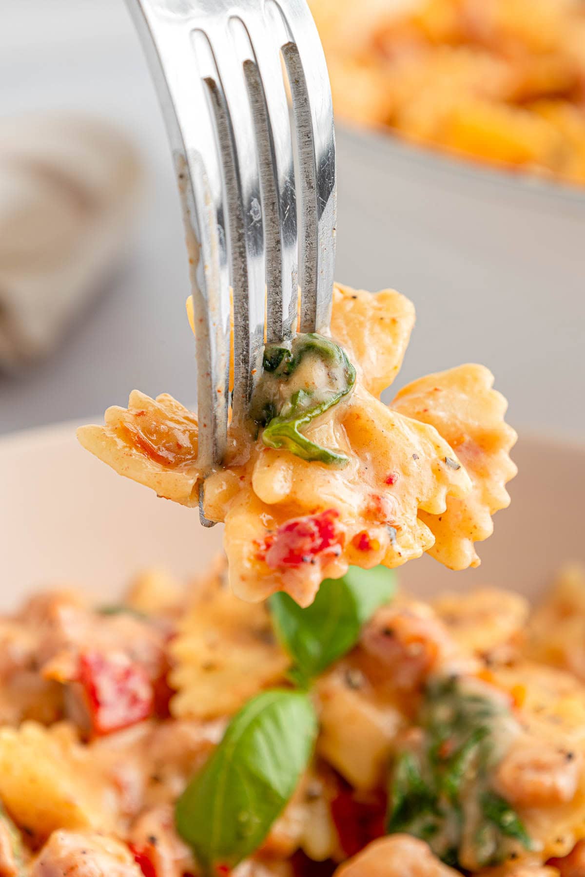 Creamy Sausage Pasta close-up of bite.