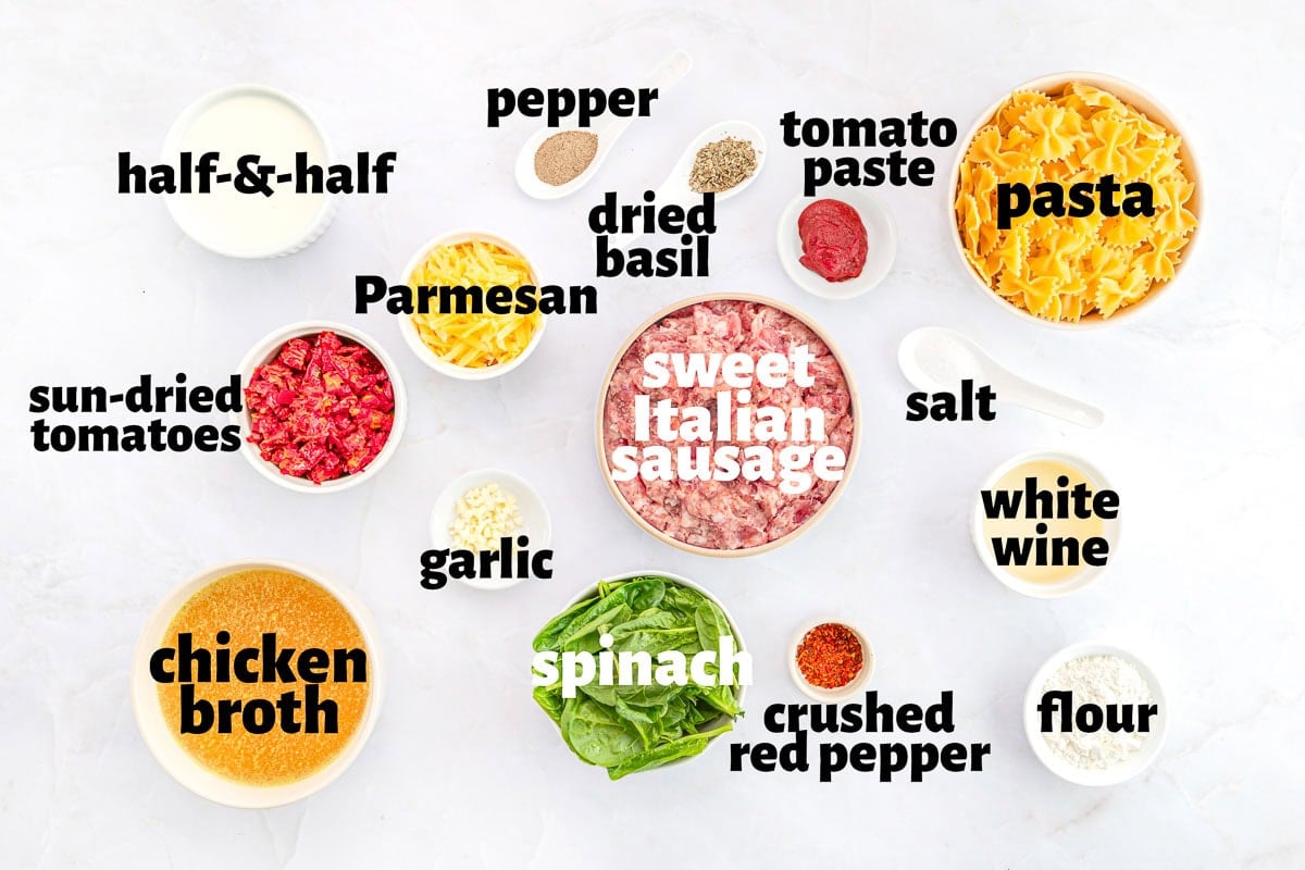 Labeled ingredients to make Creamy Sausage Pasta.
