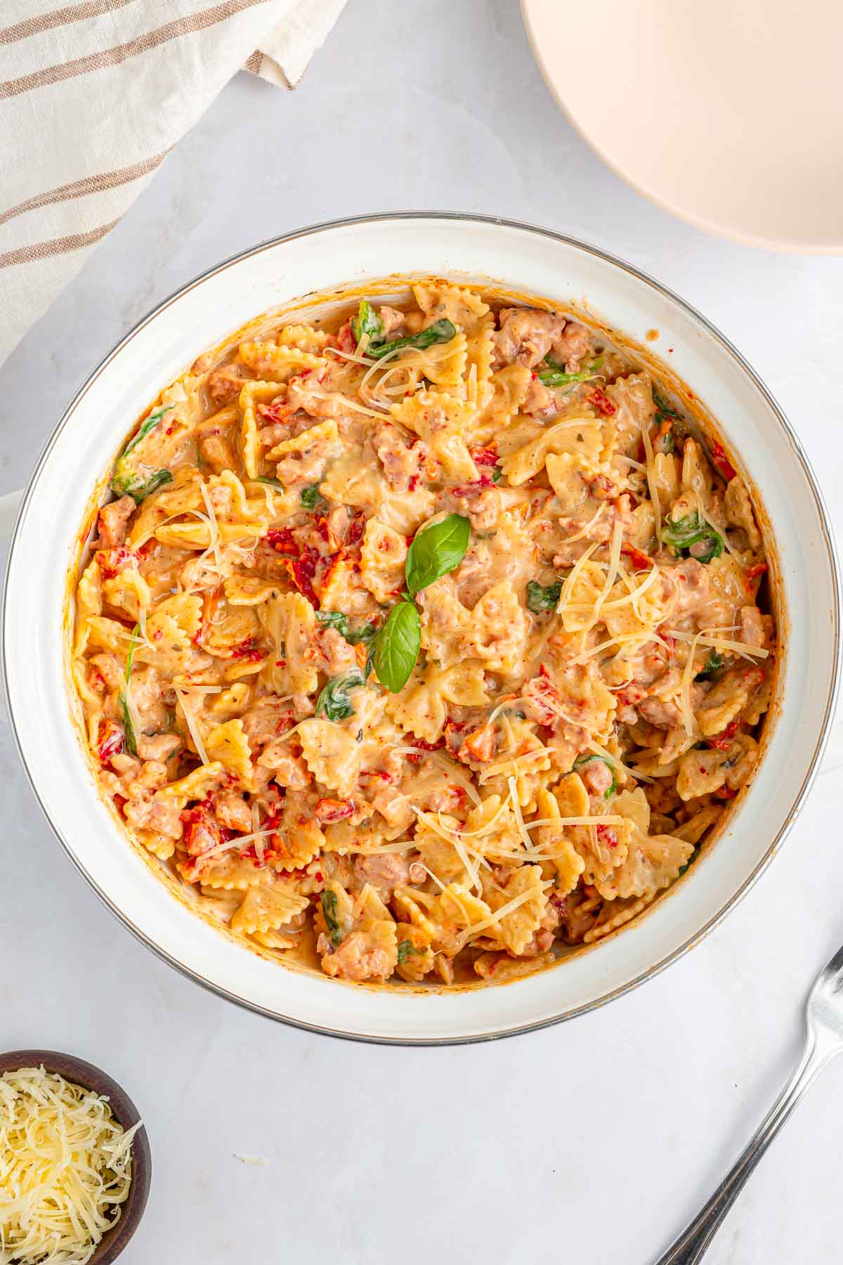 Creamy Sausage Pasta aerial in pot.