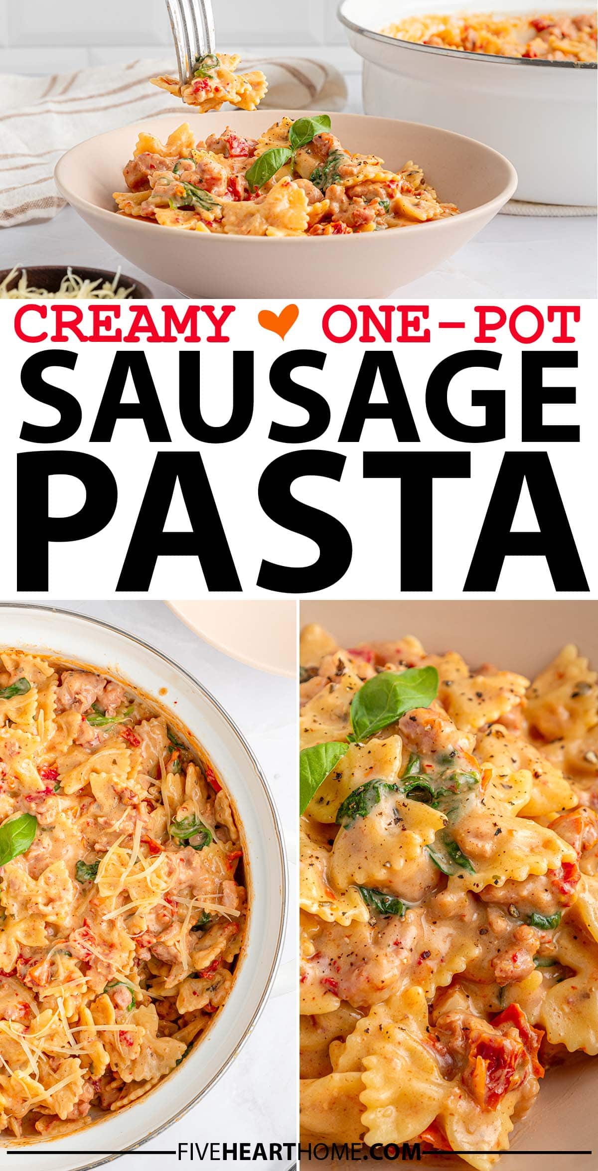 Creamy Sausage Pasta ~ this easy one-pot dinner is quick to make with sweet Italian sausage, pasta, garlic, sun-dried tomatoes, and baby spinach in a creamy sauce with white wine! | FiveHeartHome.com via @fivehearthome
