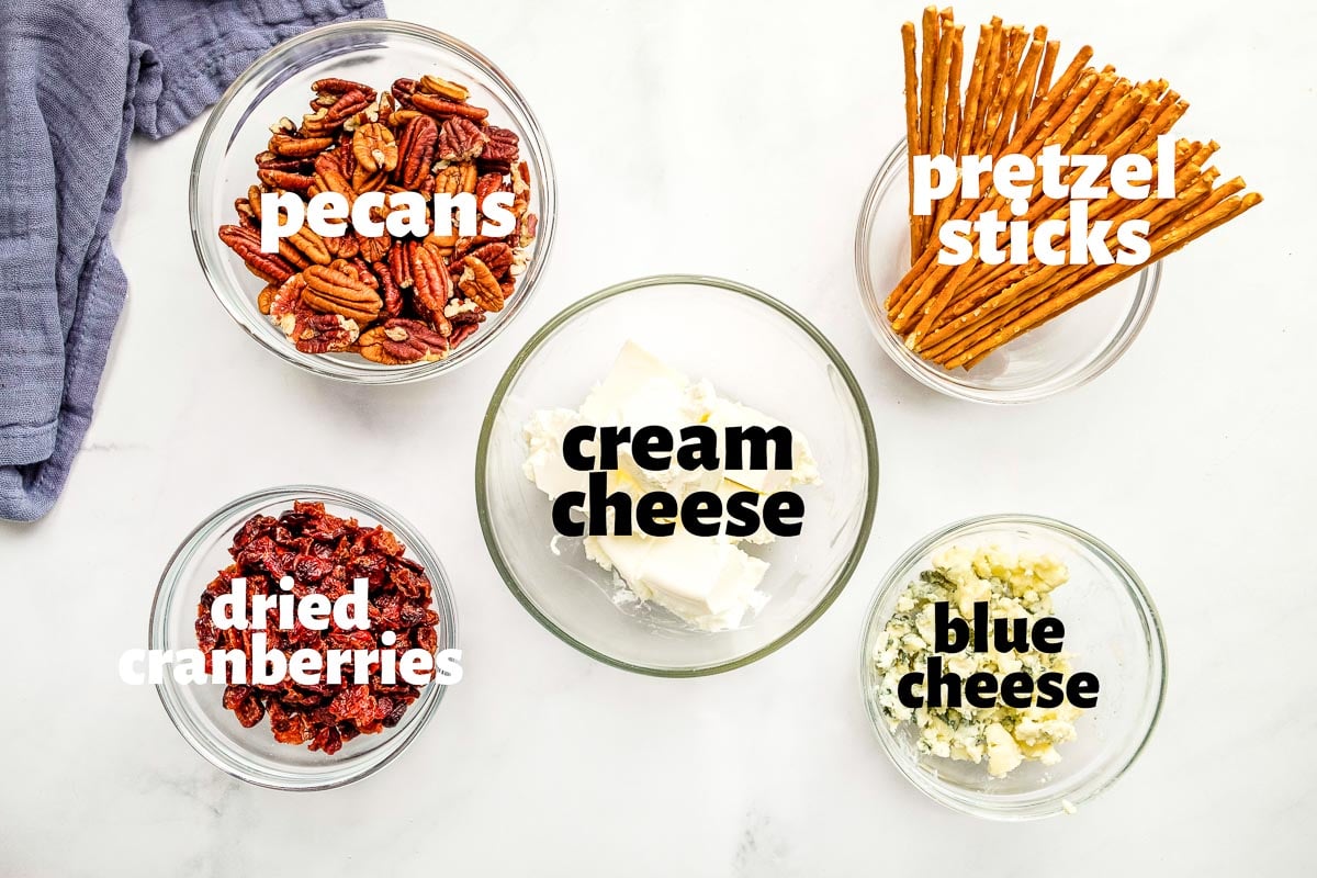 Labeled ingredients to make Mini Cheese Balls.