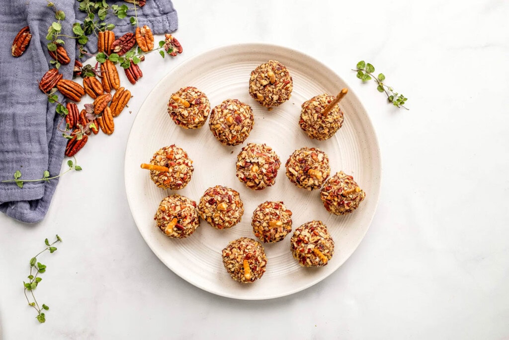 Aerial view of Mini Cheese Balls on platter.