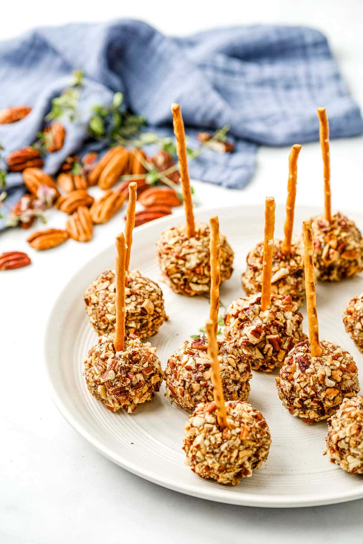 Mini Cheese Balls with blue cheese, cranberry, pecan, and pretzel sticks on plate.