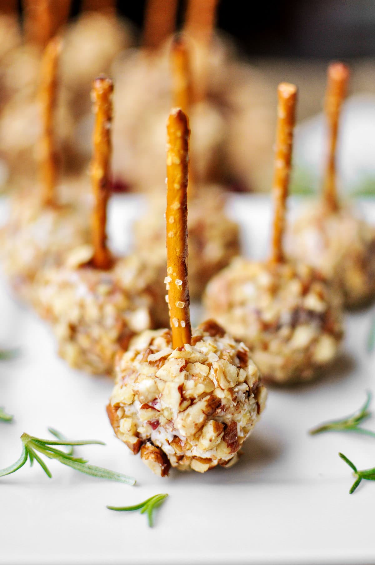 Mini Cheese Balls close-up made with blue cheese, cranberry, pecan, and pretzel sticks.