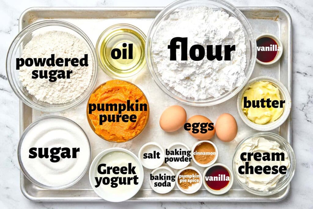 Labeled ingredients to make Pumpkin Bars with Cream Cheese Frosting.