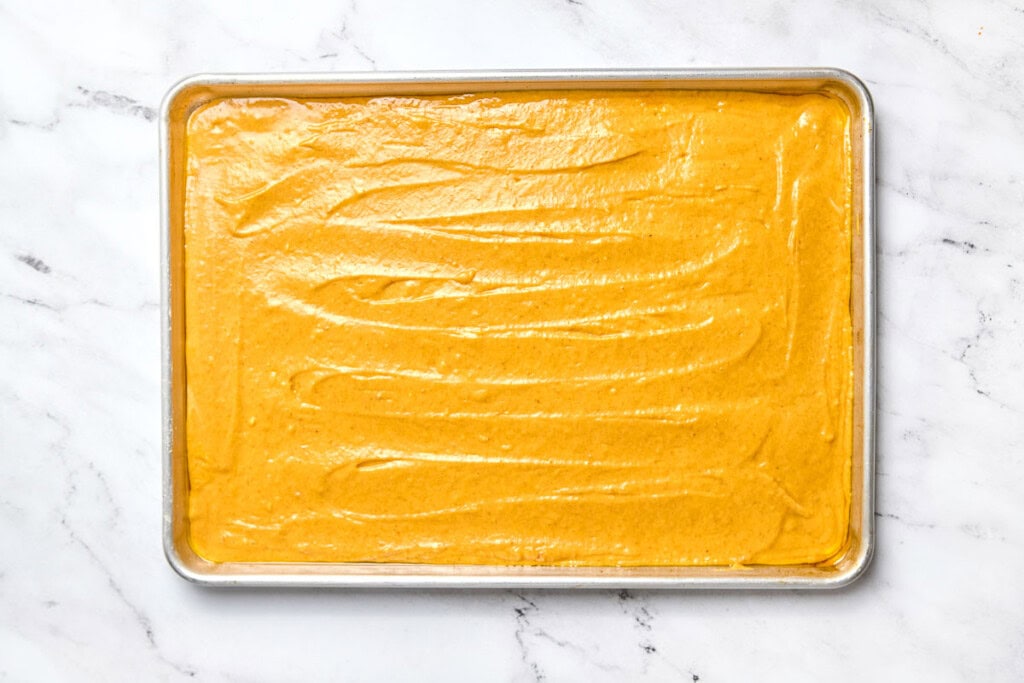 Pumpkin Bars with Cream Cheese Frosting ready for oven.