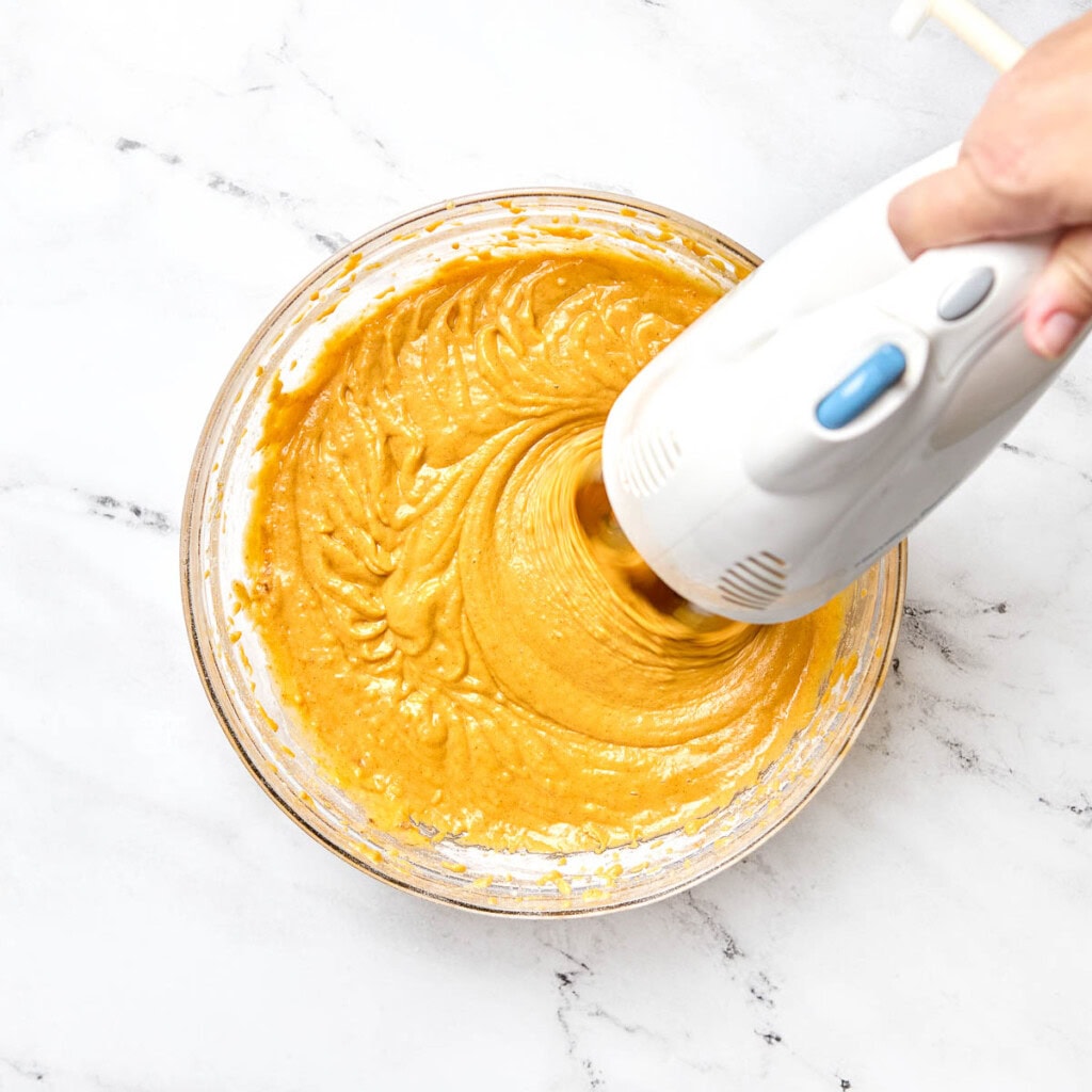 Blending batter for Pumpkin Bars with Cream Cheese Frosting.