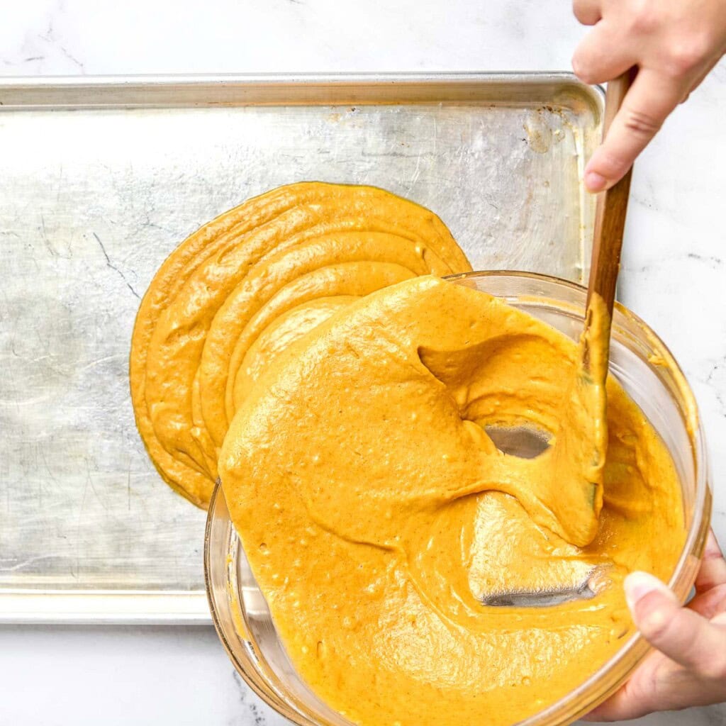 Spreading batter in pan for Pumpkin Bars with Cream Cheese Frosting.