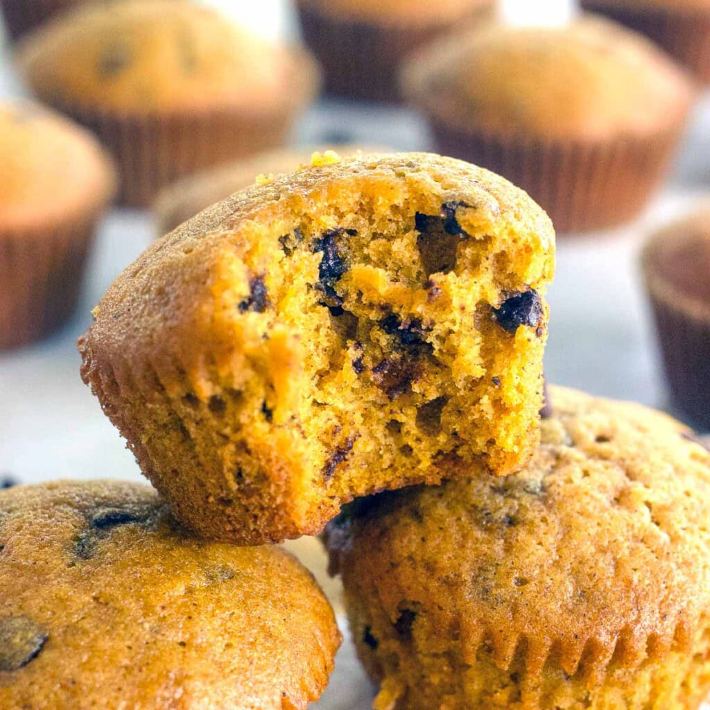 Pumpkin Chocolate Chip Muffins close-up with bite missing.