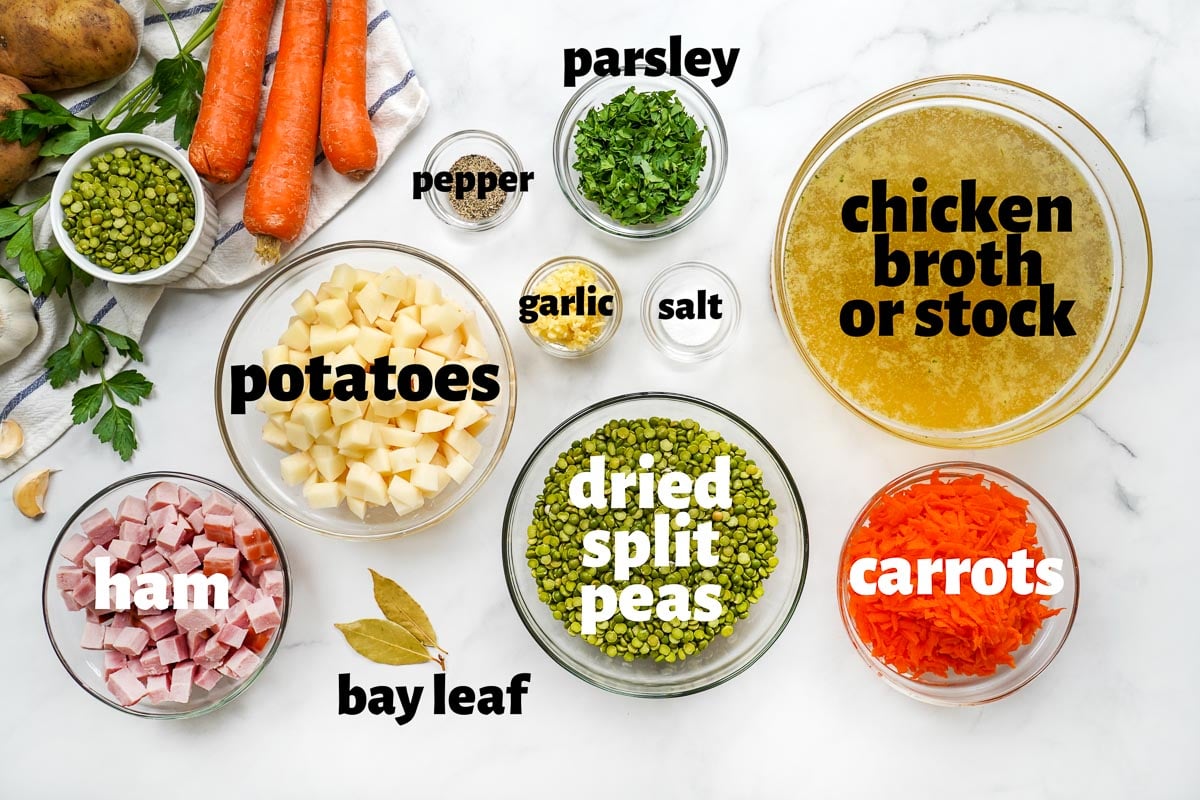 Labeled ingredients to make Slow Cooker Split Pea Soup.
