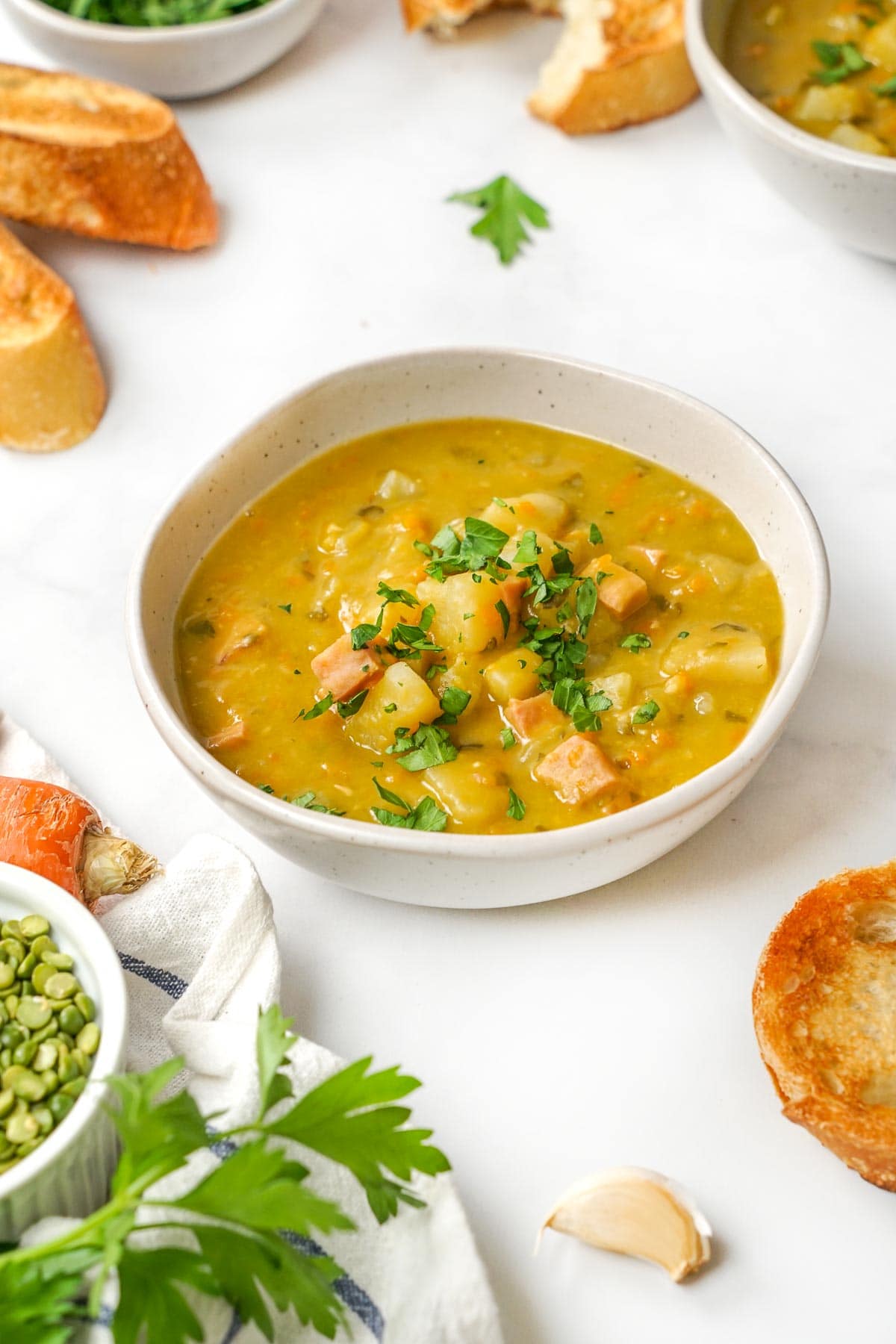 Slow Cooker Split Pea Soup in dried peas on side.