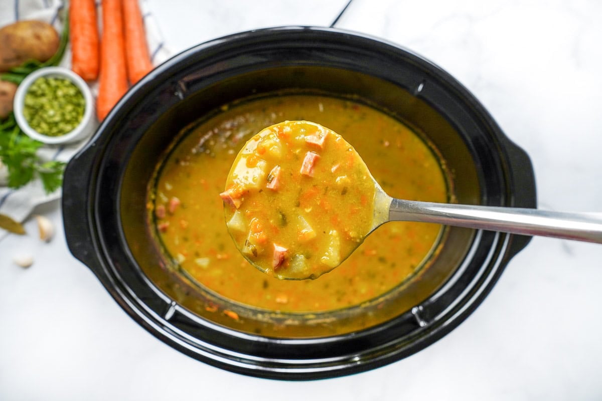 Slow Cooker Split Pea Soup in ladle.