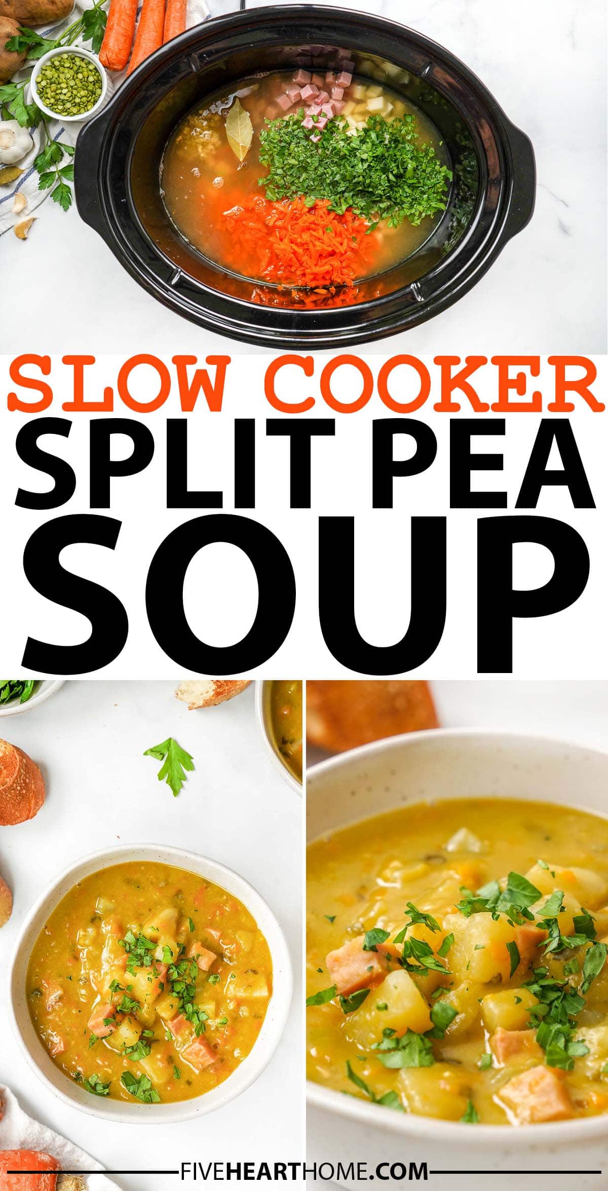 Slow Cooker Split Pea Soup ~ this warm, comforting, and hearty soup is loaded with ham, potatoes, and carrots. And best of all, it’s easy to make since your crockpot does all of the work! | FiveHeartHome.com via @fivehearthome