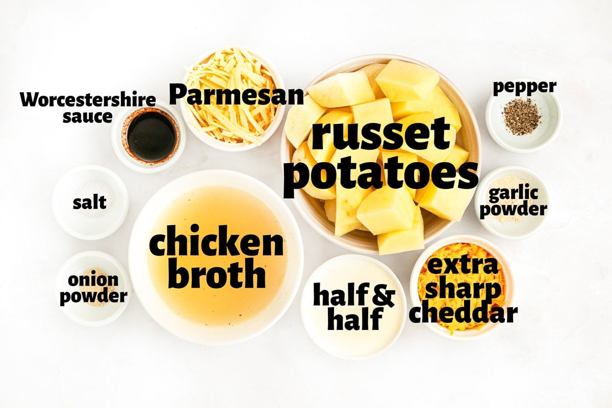 Labeled ingredients to make Cheesy Potato Soup recipe.