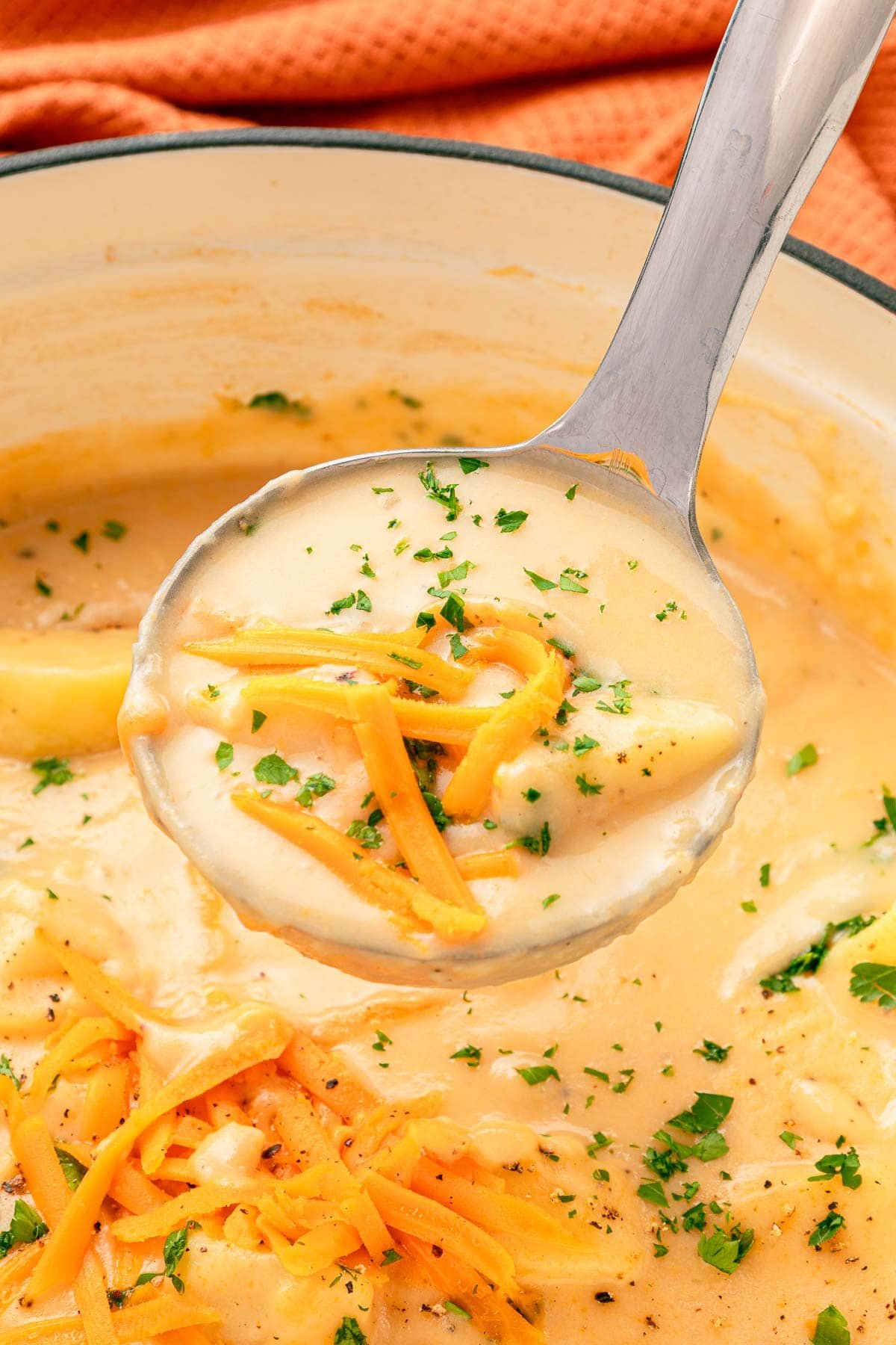 Ladle of Cheesy Potato Soup.