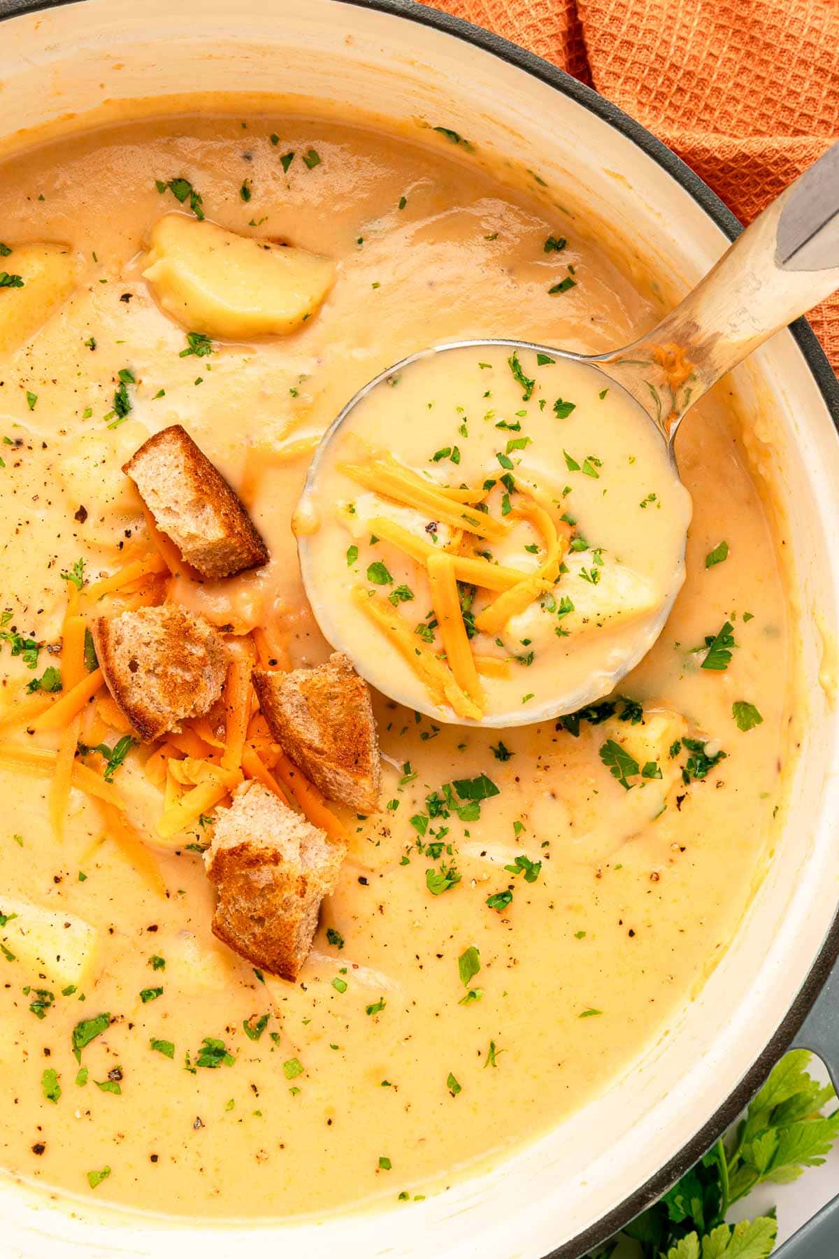 Cheesy Potato Soup with ladle, cheese, and croutons aerial view.